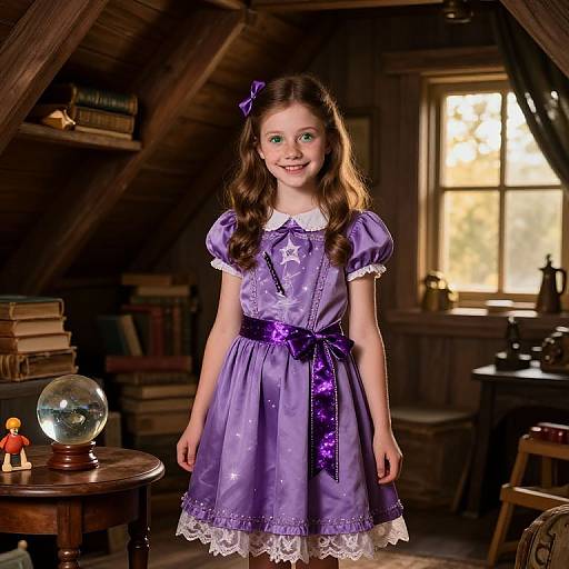 Photograph of a young girl with long brown hair, wearing a purple star-patterned dress with white lace, standing in a cozy, wooden attic room