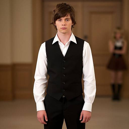 Photograph of a young Caucasian boy with brown hair, wearing a white shirt and black vest, standing in a wooden-paneled room, with a blurred