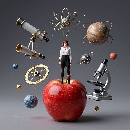 Photorealistic CGI: A woman in white blouse and black pants stands on a red apple, surrounded by telescopes, planets, atom model, and