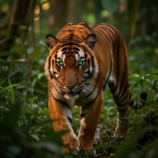 Photograph of a majestic Bengal tiger with vivid green eyes, orange and black striped fur, walking through a lush, green forest.
