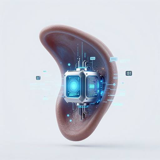 Digital illustration of a human ear with a futuristic, blue, square electronic chip embedded in the middle, surrounded by circuitry and light blue dots.