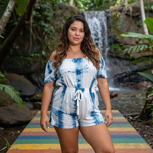 Photograph of a curvy Latina woman with long wavy brown hair, wearing a blue-white tie-dye off-shoulder romper, standing