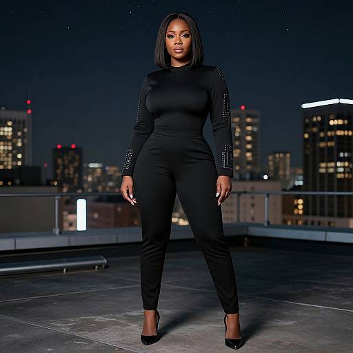 Photograph of a confident Black woman with straight black hair, wearing a form-fitting black long-sleeve jumpsuit and black high heels, standing