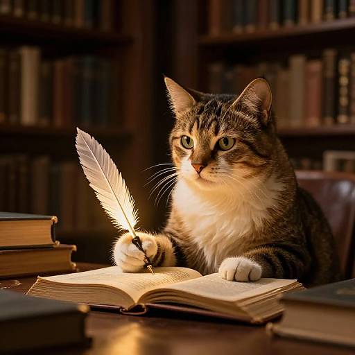 Photograph of a tabby cat with green eyes holding a white feather quill, writing on an open book in a dimly lit library with stacked