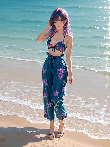 Digital anime-style photograph of a woman with purple hair, wearing a blue floral bikini top and high-waisted pants, standing on a sunny beach with