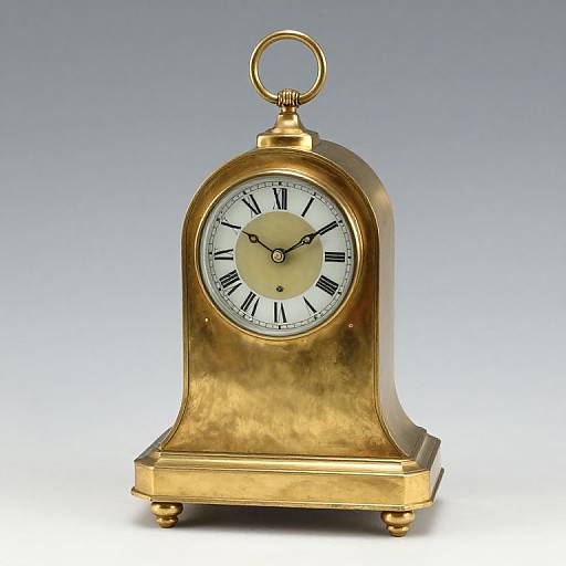 Photograph of a vintage, gold-painted, arched clock with black Roman numerals, white face, and a ring handle on top.