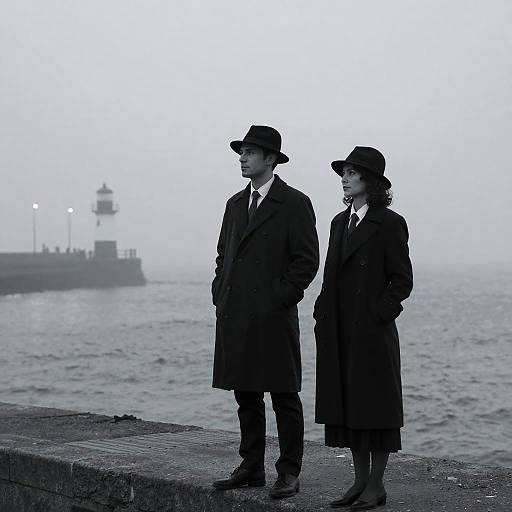 Black-and-white photograph of a man and woman in long coats and hats, standing on a foggy pier, looking at a distant lighthouse over the