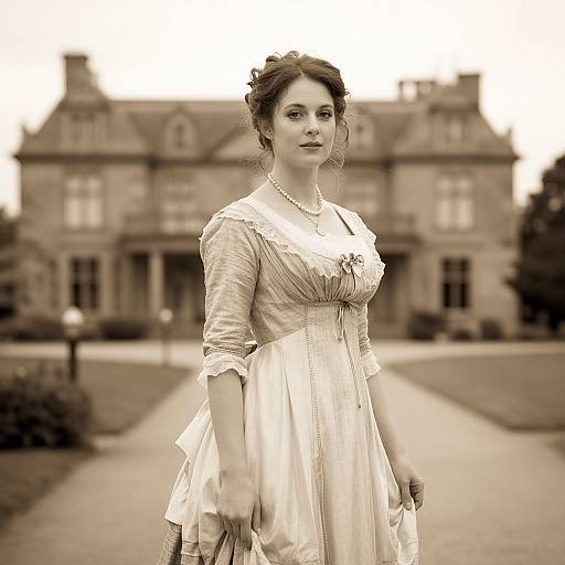 Sepia-toned photograph of a fair-skinned woman with dark hair in an elegant, Victorian-style dress, standing in front of a grand, blurred