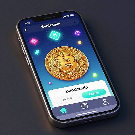 Photograph of a smartphone displaying a Bitcoin app screen with a glowing gold Bitcoin symbol, 