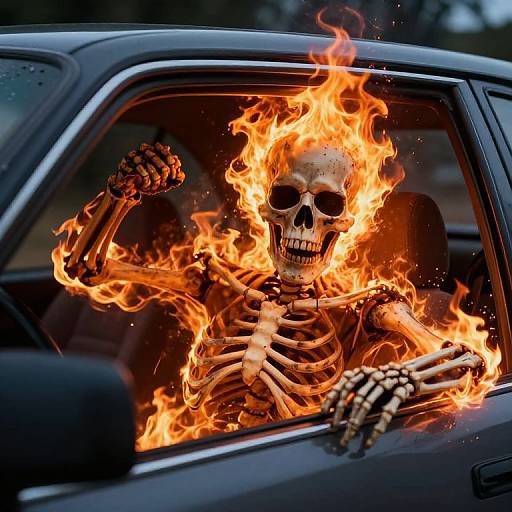 Photograph of a burning skeleton with glowing orange flames, sitting in a black car, raising its right hand through the window.