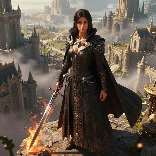 Digital fantasy artwork of a dark-haired, armored woman with large breasts and a sword, standing on a rocky ledge with a burning torch, overlooking a fog