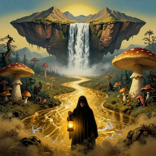 Fantasy digital art: hooded figure with lantern stands in golden river, leading to floating island with waterfall, surrounded by giant mushrooms.