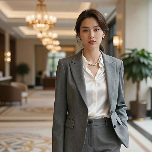 Confident Woman in Grey Suit in Elegant Hotel Lobby