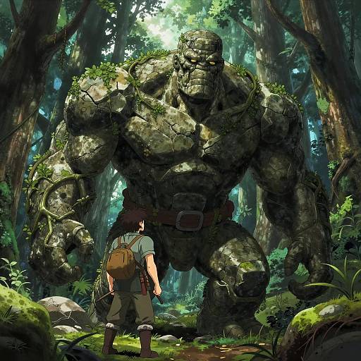 Digital illustration of a muscular, moss-covered stone giant in a dense forest, facing a small adventurer with a backpack. Sunlight filters through the trees,