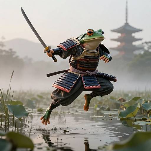Digital artwork of a green frog warrior in traditional samurai armor, mid-jump, wielding a sword over a misty pond with lotus leaves and
