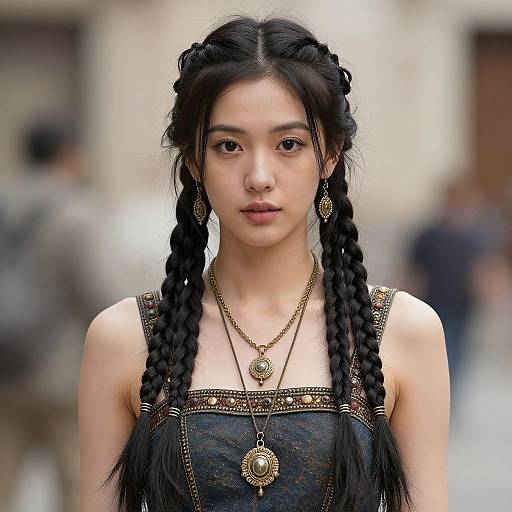 Photograph of an Asian woman with braided black hair, wearing a dark, patterned dress with gold jewelry, standing in a blurred urban background.