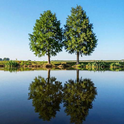 Twin Trees Reflection on Calm Lake