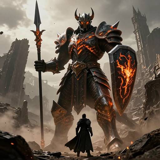 Digital fantasy artwork of a towering, glowing, horned armored warrior with fiery accents, holding a spear and shield, facing a smaller, cloaked figure
