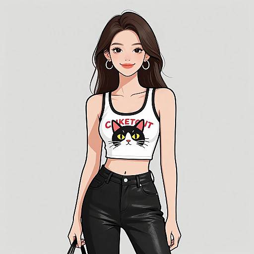 Digital anime-style drawing of a cute young woman with long brown hair, wearing a white 