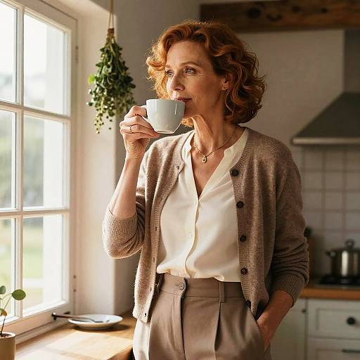 Photograph of a middle-aged woman with curly brown hair, wearing a beige cardigan and white blouse, sipping coffee by sunlit window. Background