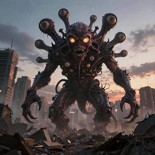 Many-Eyed Monster Over Ruined Cityscape