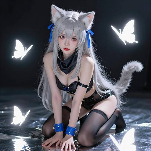 Anime Woman with Silver Hair and Butterflies