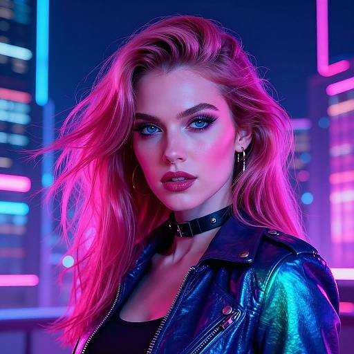 Digital portrait of a fierce, blue-eyed woman with pink hair, wearing a black leather jacket and choker, set against a neon-lit cityscape