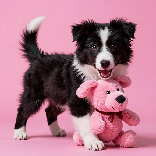 Photograph of a fluffy black-and-white puppy with a white-tipped tail, joyfully holding a pink stuffed bear against a solid pink background.