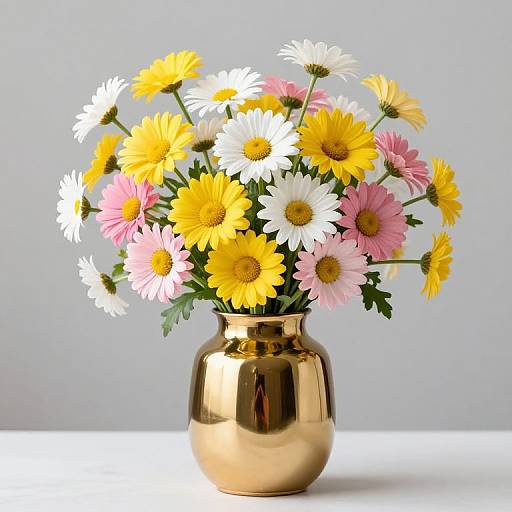 Photograph of a gold vase holding a vibrant bouquet of white, pink, and yellow daisies against a plain, light gray background.