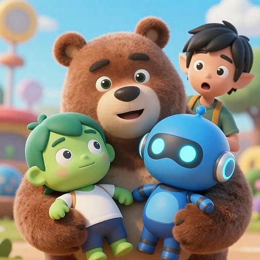 CGI Furry Bear Holding Cartoon Trio