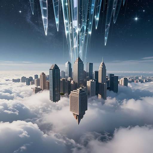 Digital CGI image of a futuristic cityscape floating above clouds, with glowing blue laser beams piercing the starry night sky.