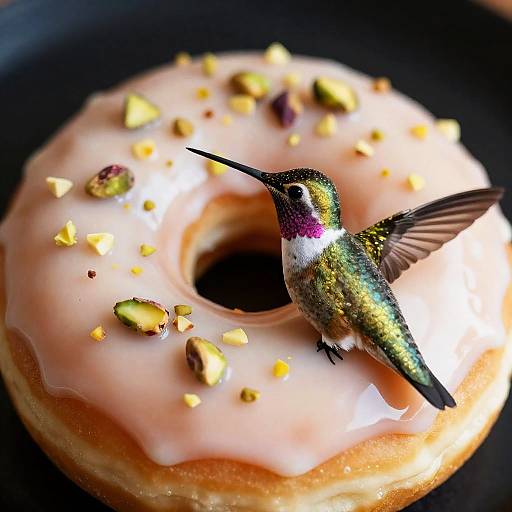 Photorealistic Honey Pistachio Doughnut with Hummingbird