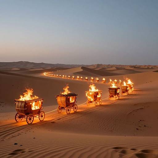 Photograph of four wooden carriages with flaming torches, pulled by ropes, crossing a desert with illuminated, winding lights in the background at dusk.