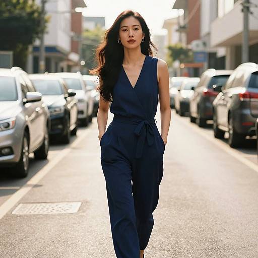 Photograph of an Asian woman with long black hair, wearing a navy blue V-neck jumpsuit, walking confidently down a sunlit, urban street with