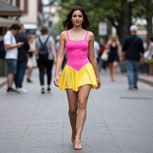 Photograph of a confident young woman with medium skin tone and dark hair, wearing a pink and yellow dress, walking barefoot down a bustling urban street