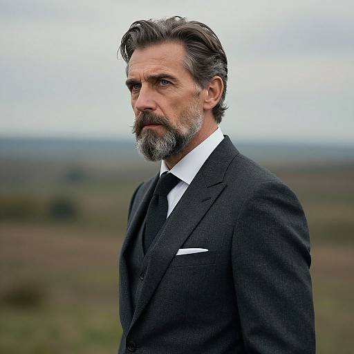 Photograph of a middle-aged, white, bearded man with gray hair, wearing a black suit, white shirt, and black tie, standing outdoors