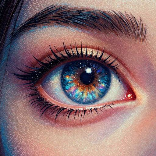 Hyper-realistic close-up photograph of a human eye with a vibrant blue iris, multicolored reflections, and detailed eyelashes, emphasizing texture and vivid