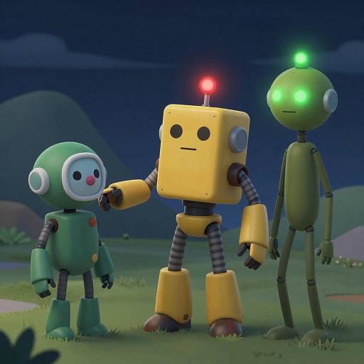 Three Robots in a Nighttime Landscape