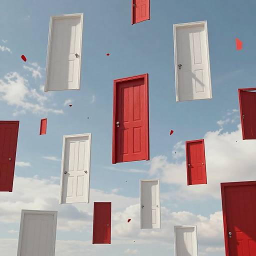 Photorealistic digital image of white and red doors floating in a bright blue sky with fluffy white clouds. Red door petals scatter around.