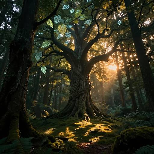 Photorealistic forest scene: towering, twisted tree with glowing green leaves, sunlight filtering through dense forest, casting golden light on moss-covered ground.