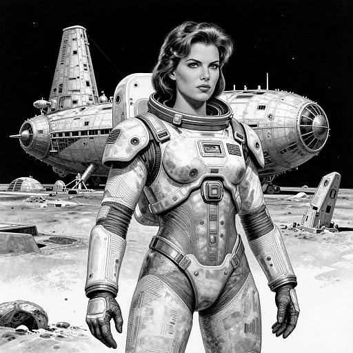 Monochrome digital illustration of a strong, attractive woman in futuristic armor standing in front of a large, detailed spaceship on a rocky, moon-like surface.
