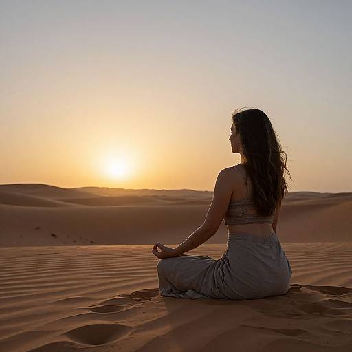 Photograph: Silhouetted woman with long hair, wearing a crop top and loose pants, sits in meditation on sunlit desert sand dunes