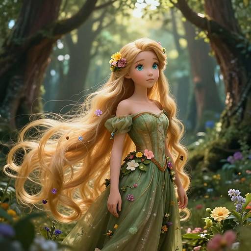 Digital artwork of a beautiful, blonde, blue-eyed fairy with long, flowing hair, wearing a green, floral dress, standing in a sunlit forest