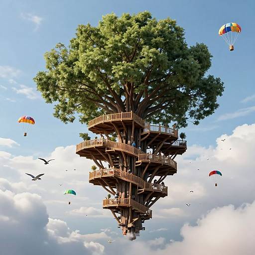 Floating Tree City with Parachutes