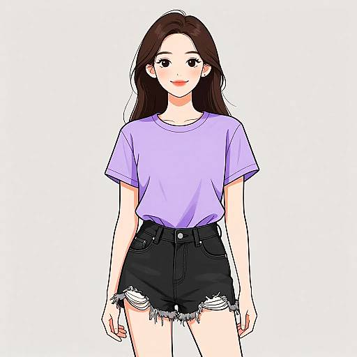 Digital anime-style drawing of a young Asian woman with long brown hair, wearing a light purple t-shirt and black frayed shorts.