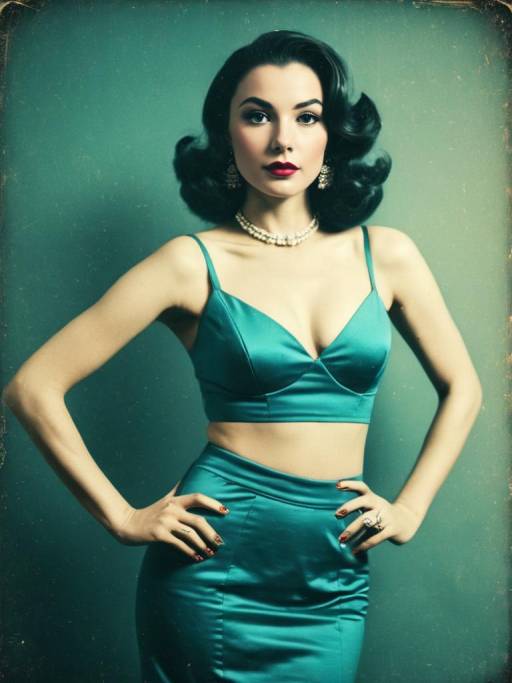 Vintage Style Woman in Teal Satin Two-Piece Outfit