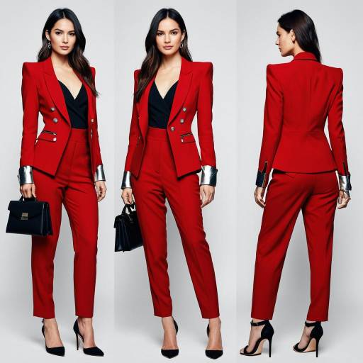 Woman in Chic Red Blazer Suit with Structured Shoulders