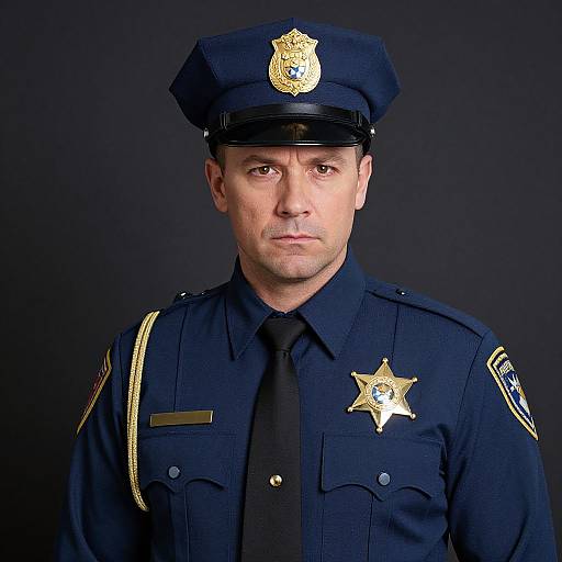 Photograph of a serious-looking Caucasian male police officer with short hair, wearing a dark blue uniform, black tie, and cap, against a black background