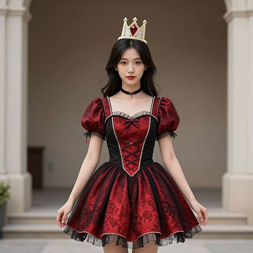 Young Asian woman in a red and black baroque-style dress with puffed sleeves, lace trim, and a gold crown, standing in a classical architectural