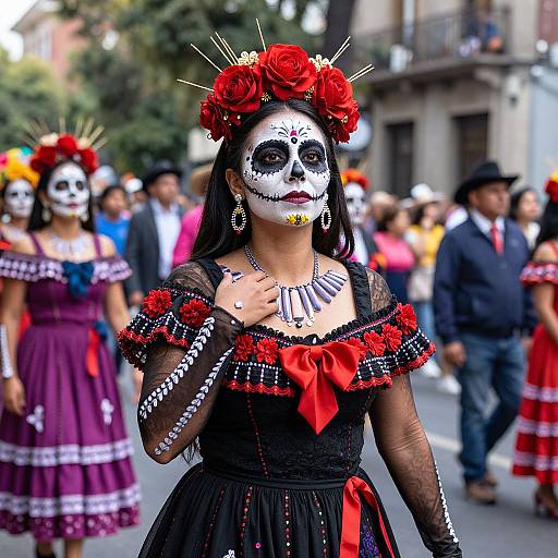 Photograph of a Day of the Dead celebration: woman in black dress, white face paint, red flower crown, white skeletal makeup, street parade background